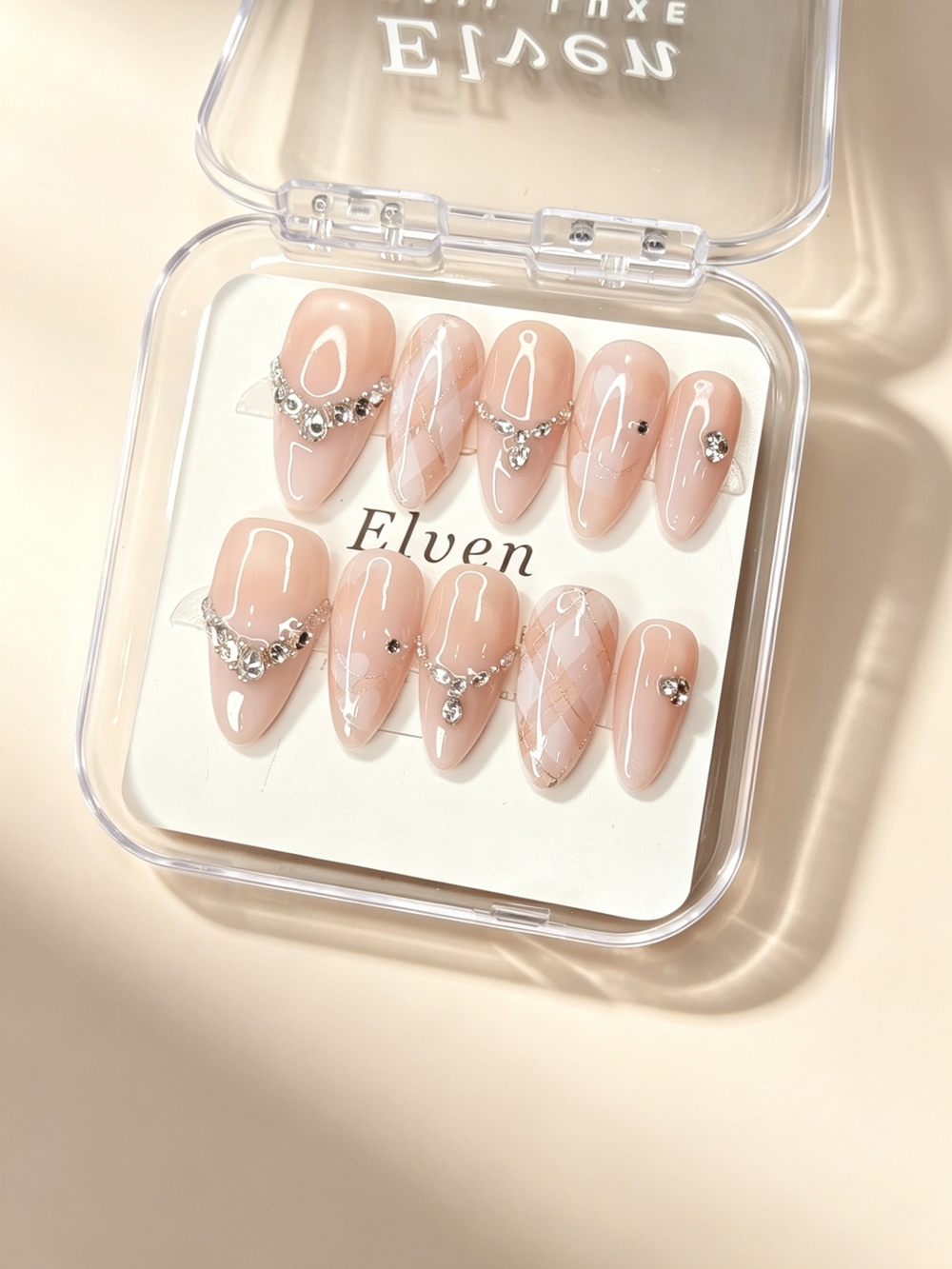 Nude Pink Cat Eye Press On Nails With Crystal Chains & Plaid Medium Almond Nails